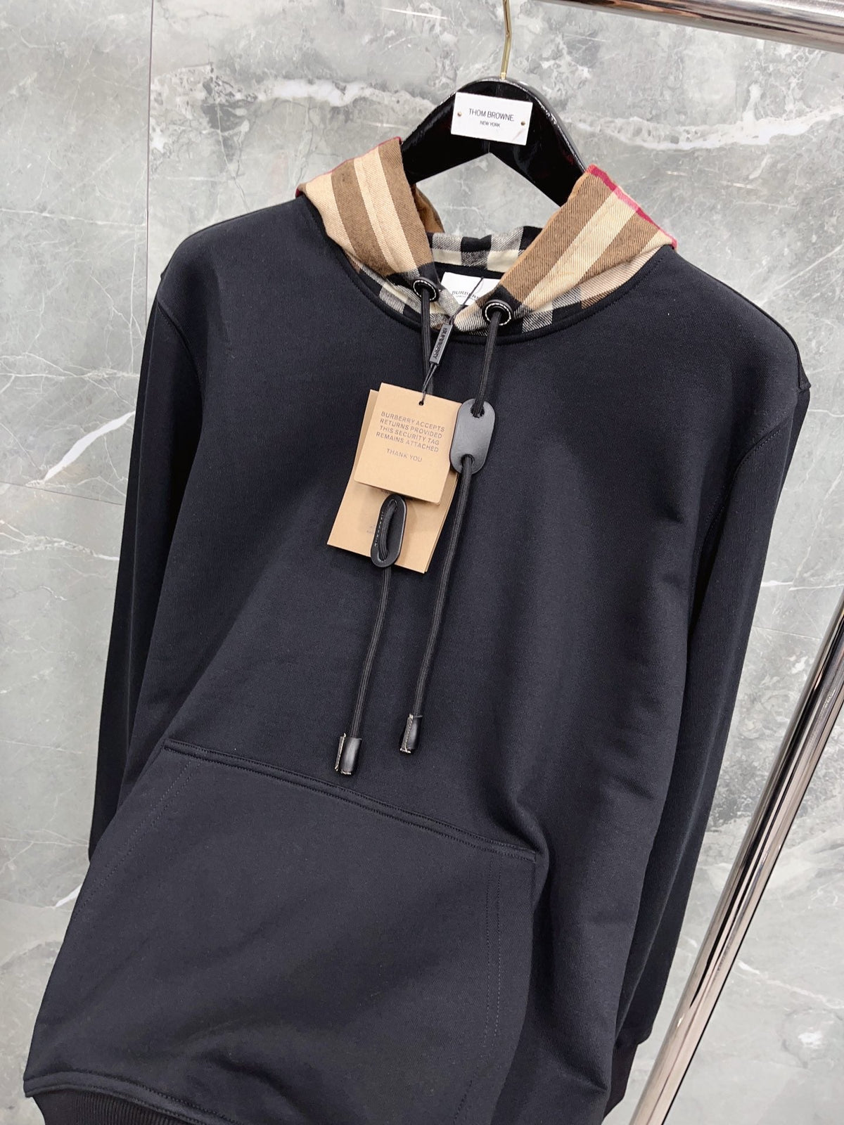 Black Cotton Check Lined Pullover - Men's
