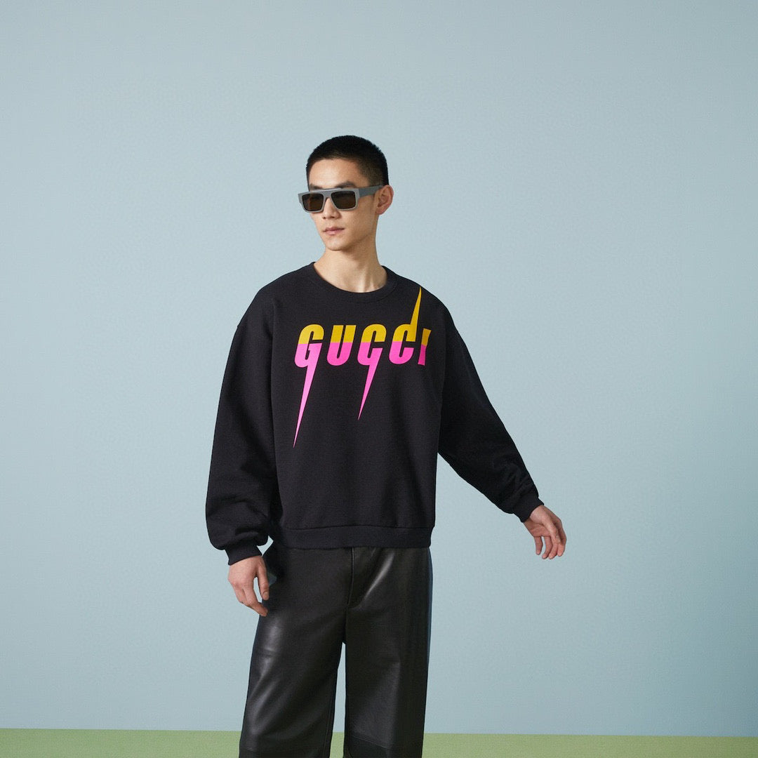 Black Cotton Graphic Crewneck - Men's