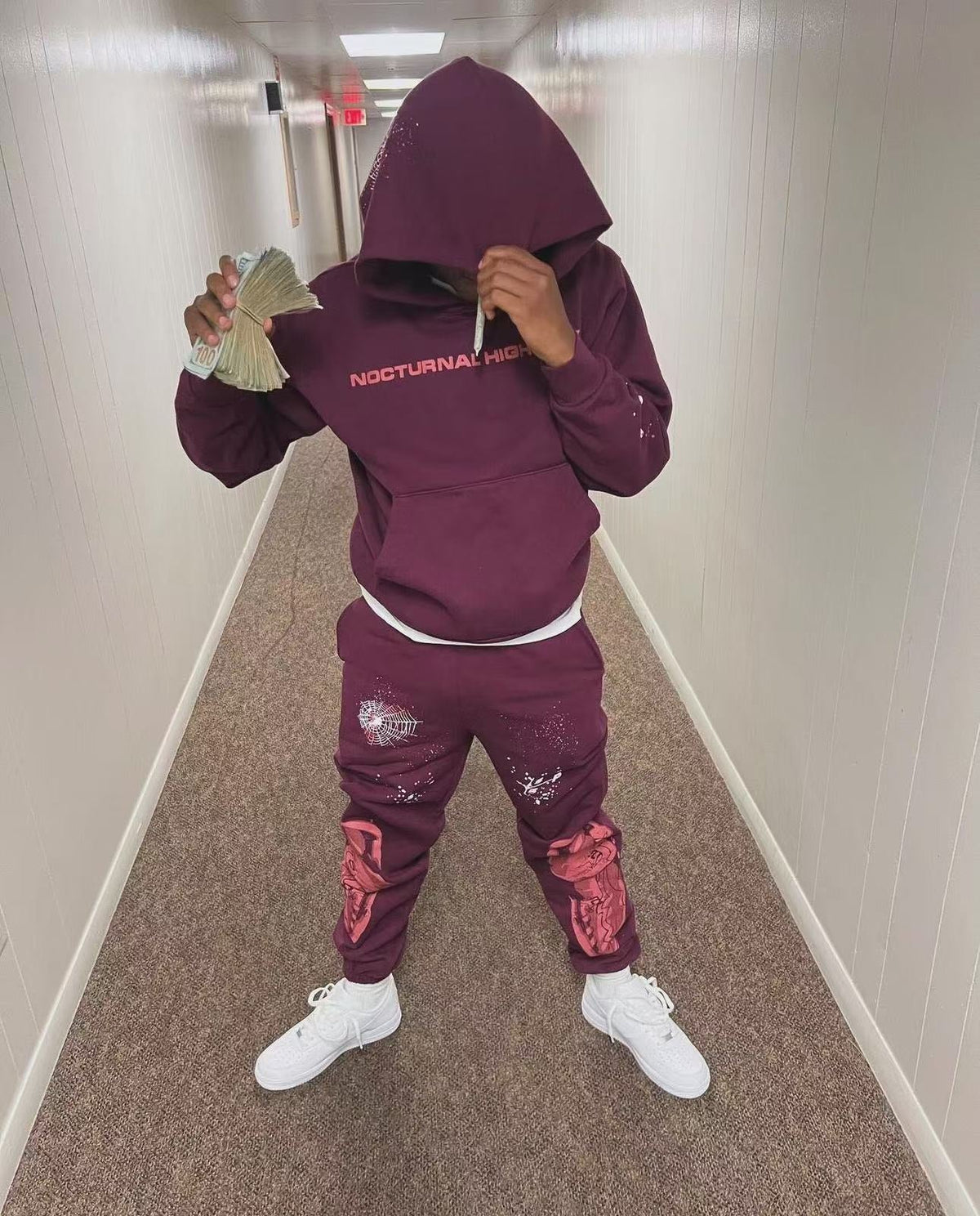 Burgundy Cotton Tonal Print Joggers - Men's