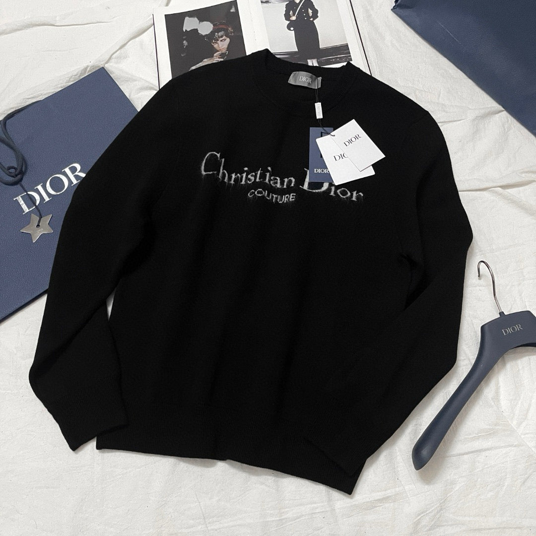 Black Wool Text Logo Crewneck - Men's