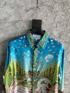 Blue Landscape Print Silk Shirt - Men's
