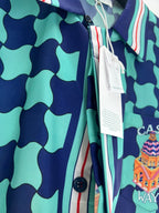 Teal Checkerboard Print Silk Shirt - Men's