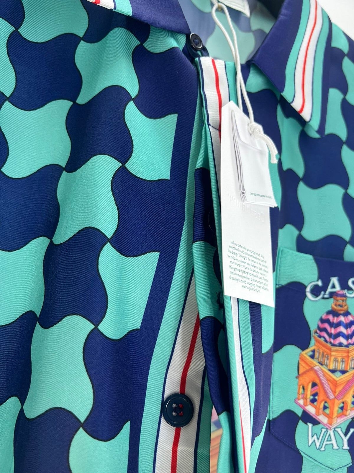 Teal Checkerboard Print Silk Shirt - Men's