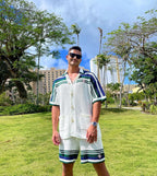 Navy Striped Yoke Knit Polo Shirt - Men's
