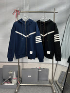 Black Cotton Bar Stripe Zip-Through - Men's