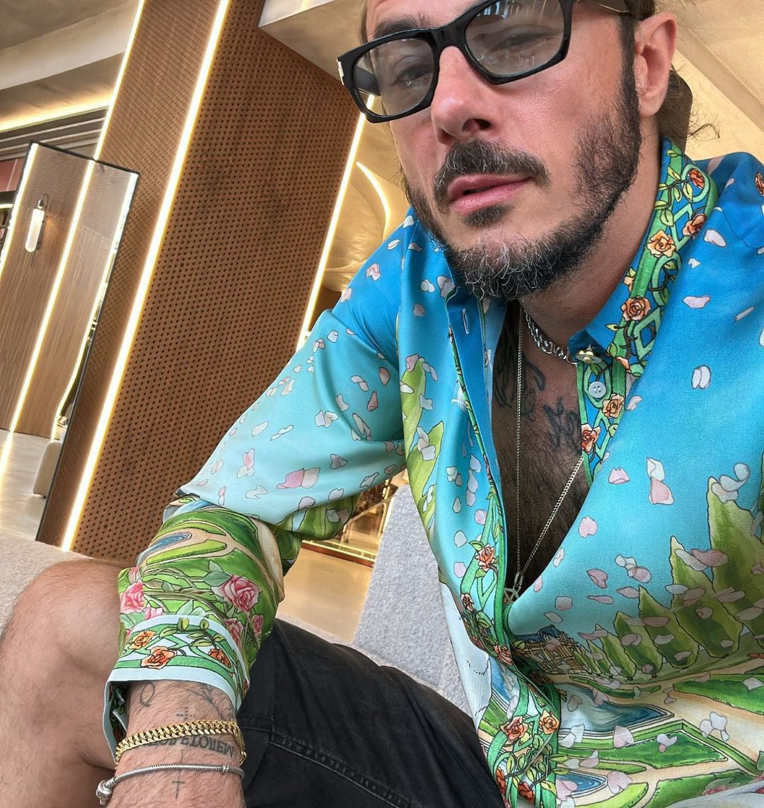 Blue Landscape Print Silk Shirt - Men's
