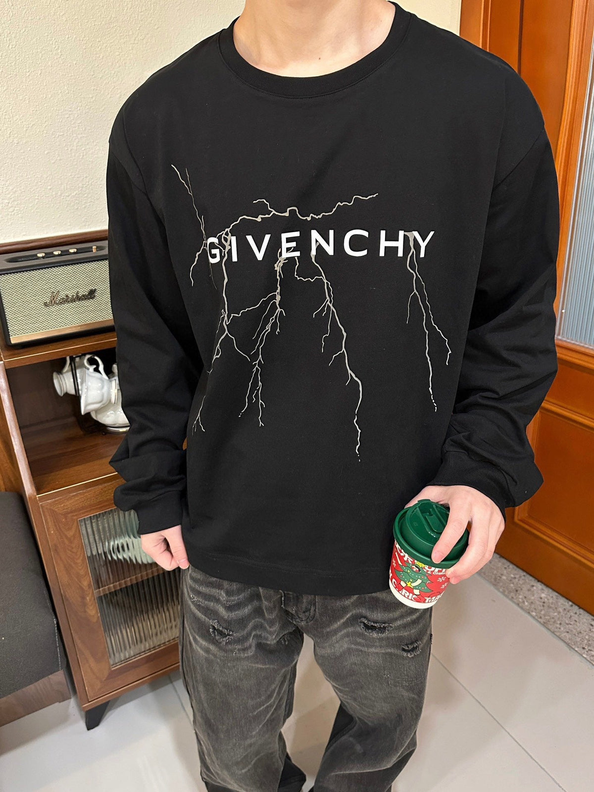 Black Cotton Lightning Print Long-Sleeve - Men's
