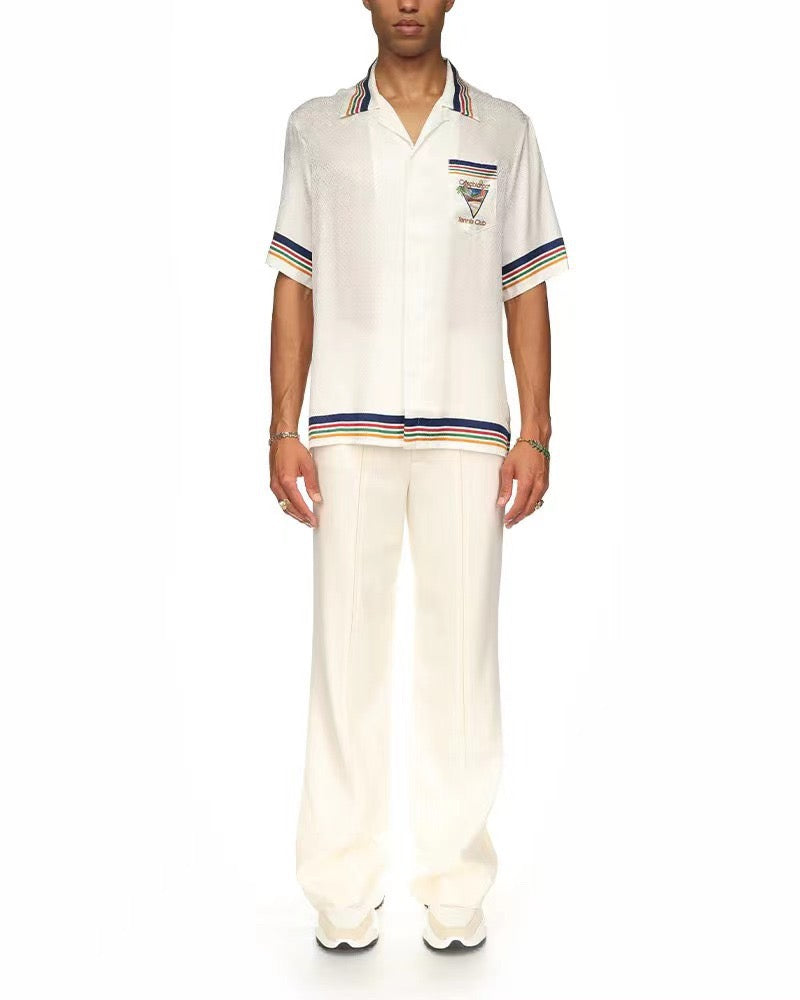 Navy Trim Crest Silk Shirt - Men's