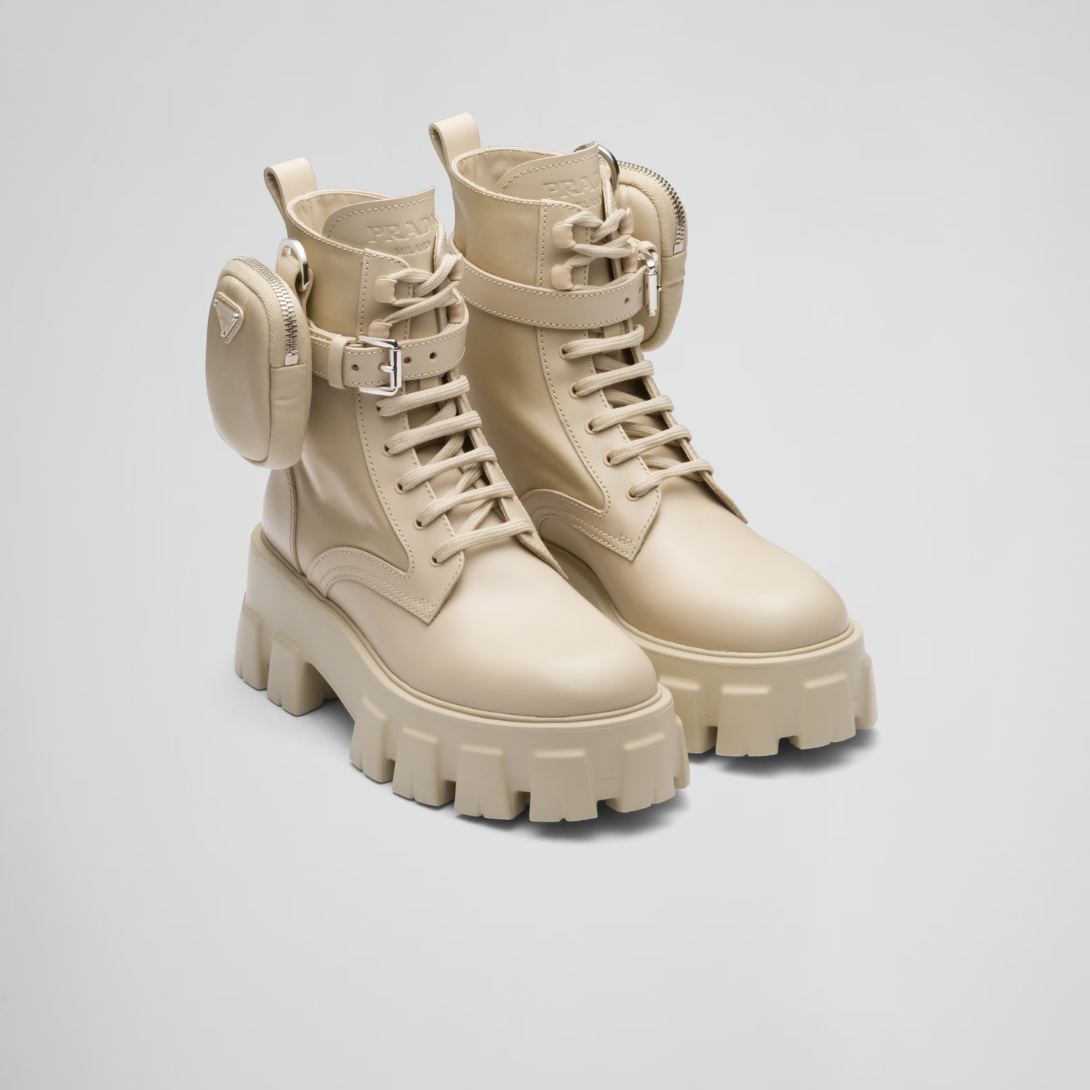 Monolith leather and Re-Nylon boots with pouch – made of leather and nylon, an industrial fabric traditionally tied to the brand, – LUX VERSE Luxury Designer Fashion Outlet