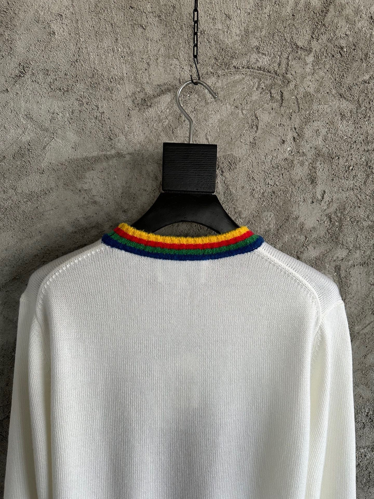 Cream Wool Contrast Trim Crewneck - Men's
