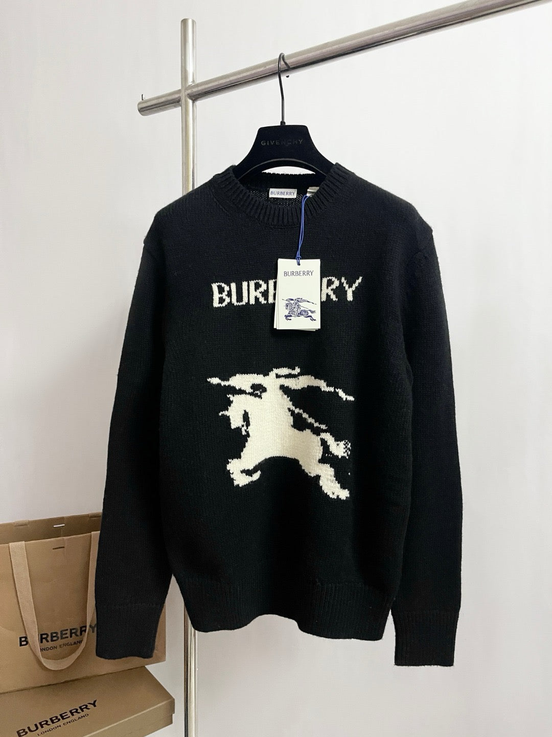 Black Wool Intarsia Crewneck - Men's