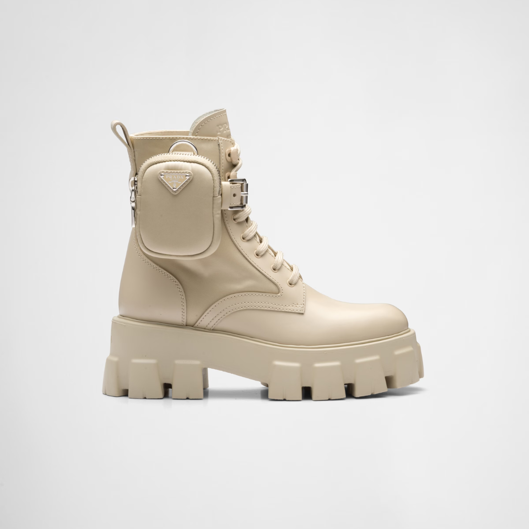 Monolith leather and Re-Nylon boots with pouch – a removable pouch featuring the iconic enameled metal triangle logo decorates – LUX VERSE Luxury Designer Fashion Outlet