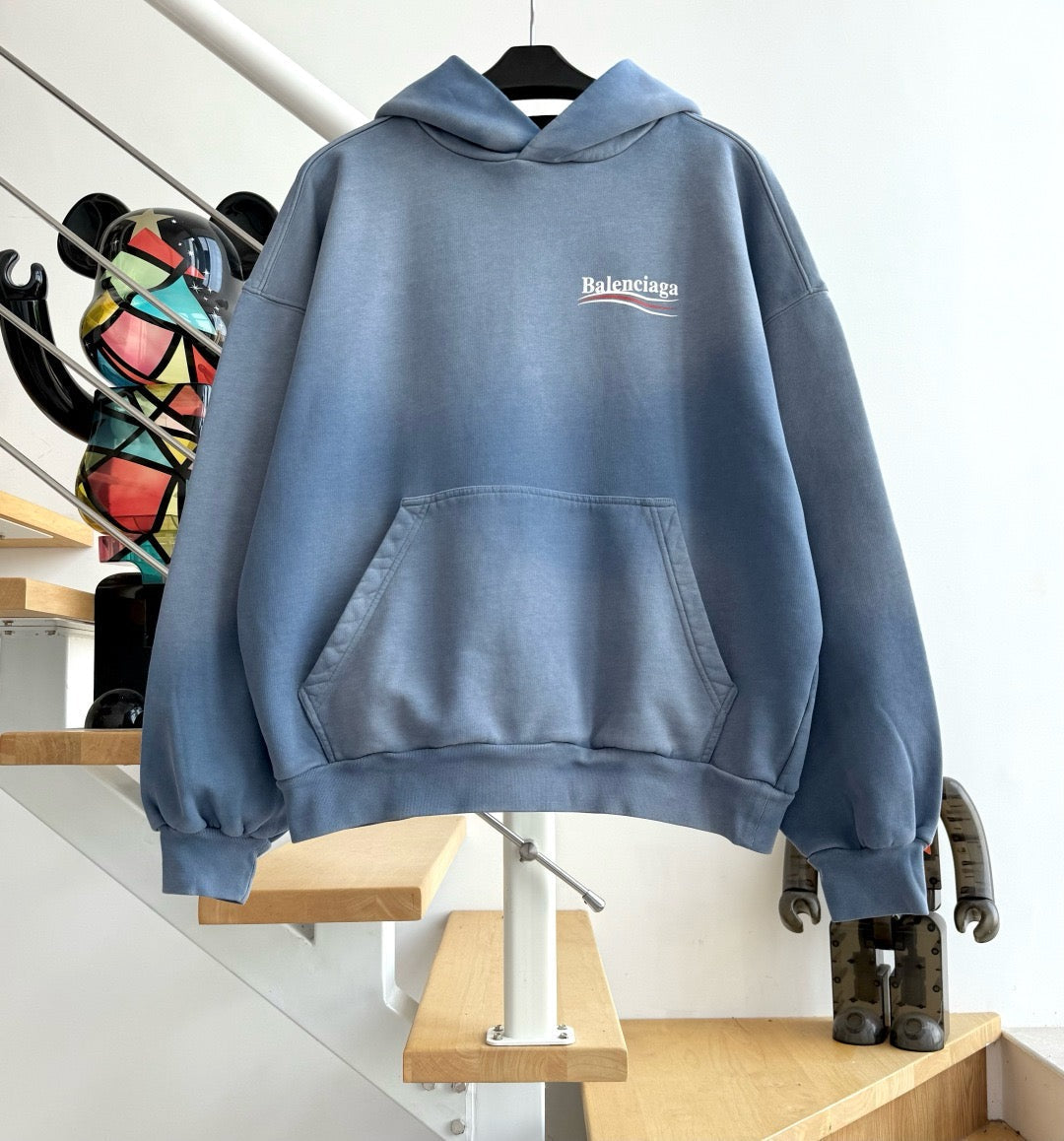 Blue Cotton Washed Logo Pullover - Men's