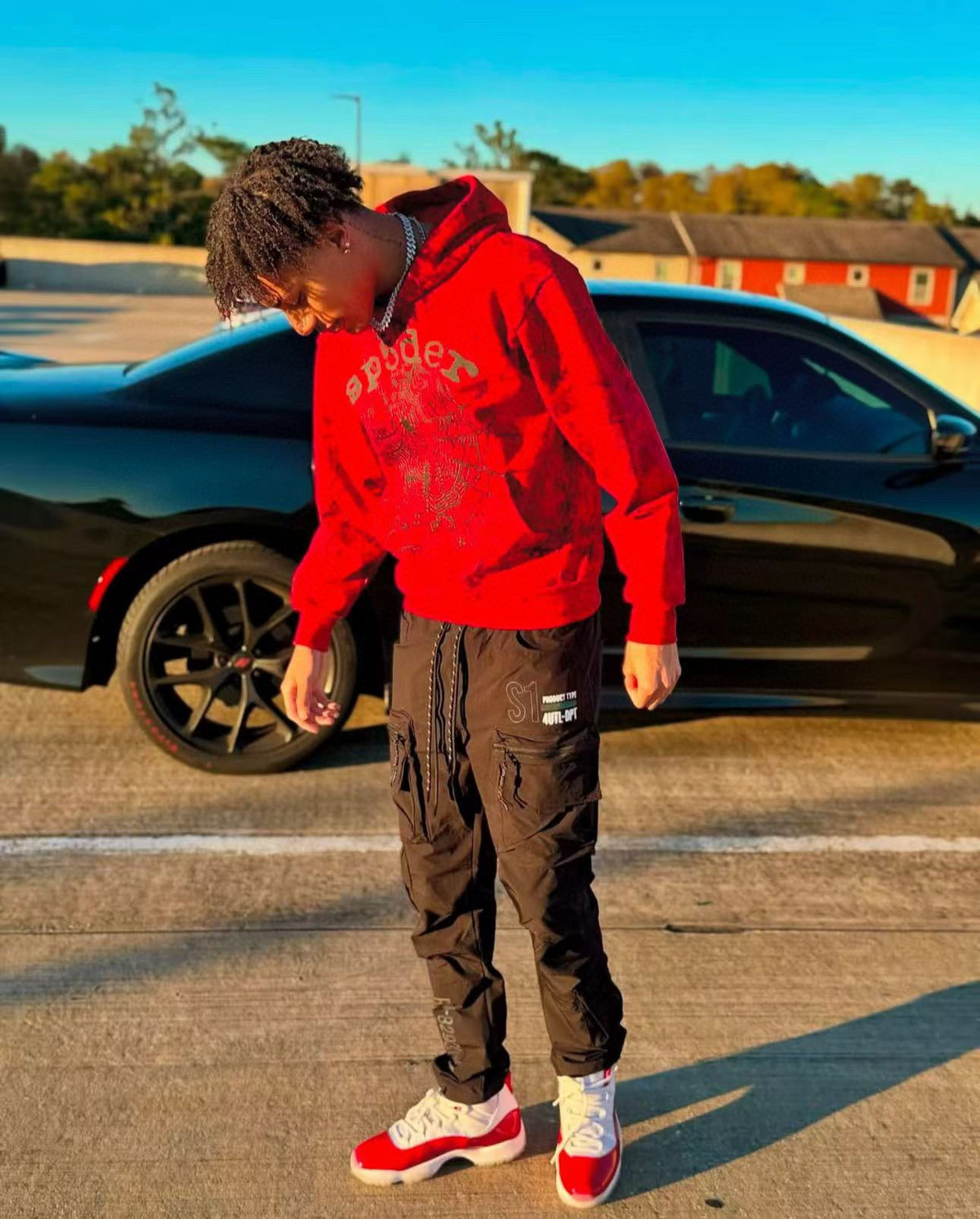 Red Cotton Web Print Joggers - Men's