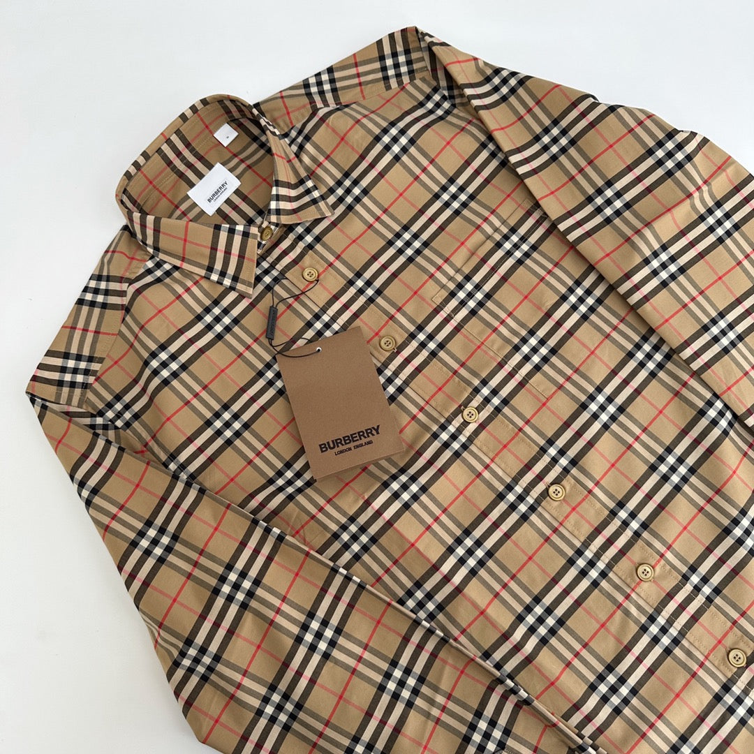 Beige Cotton Vintage Check Long-Sleeve - Men's
