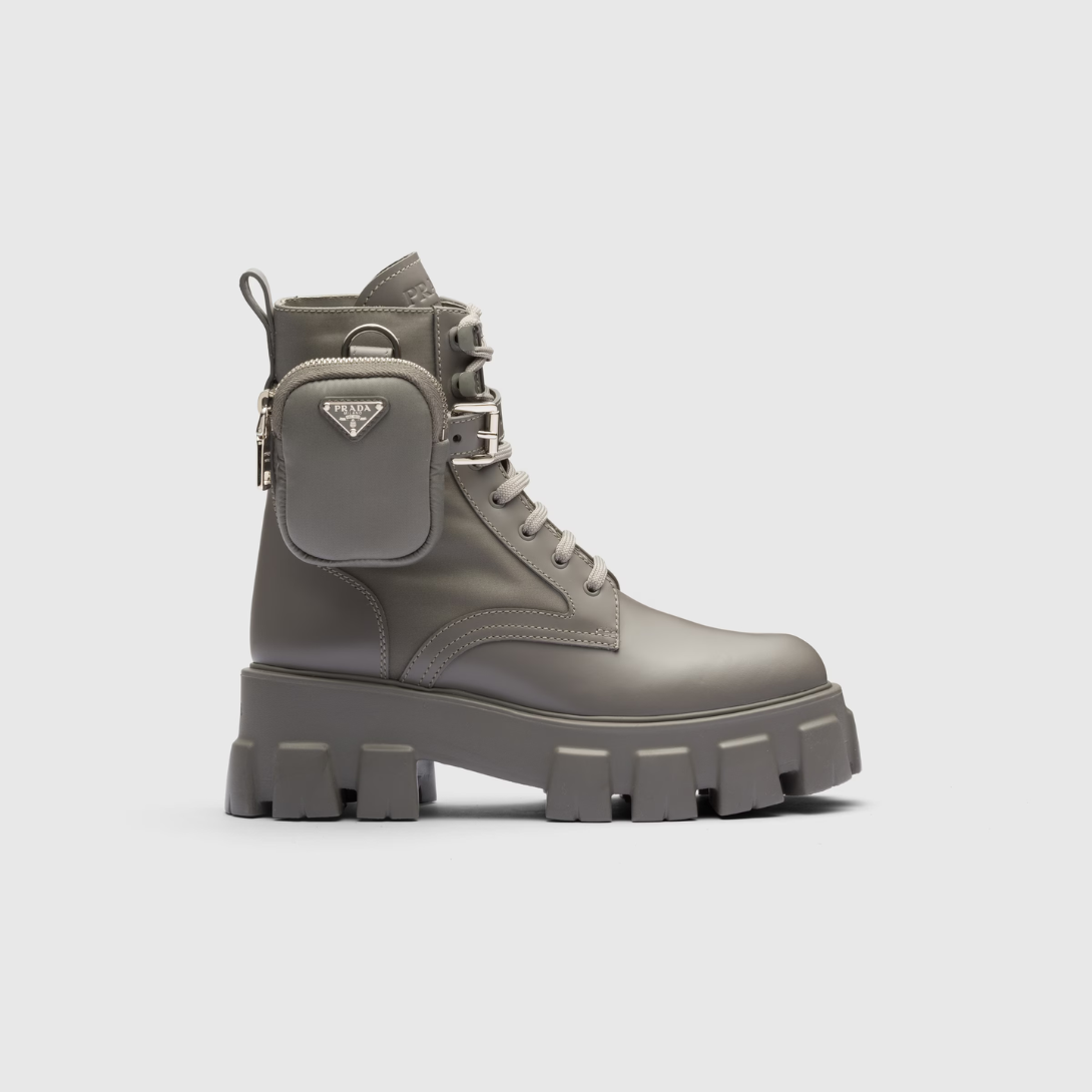 Monolith leather and Re-Nylon boots with pouch – a removable pouch featuring the iconic enameled metal triangle logo decorates – LUX VERSE Luxury Designer Fashion Outlet