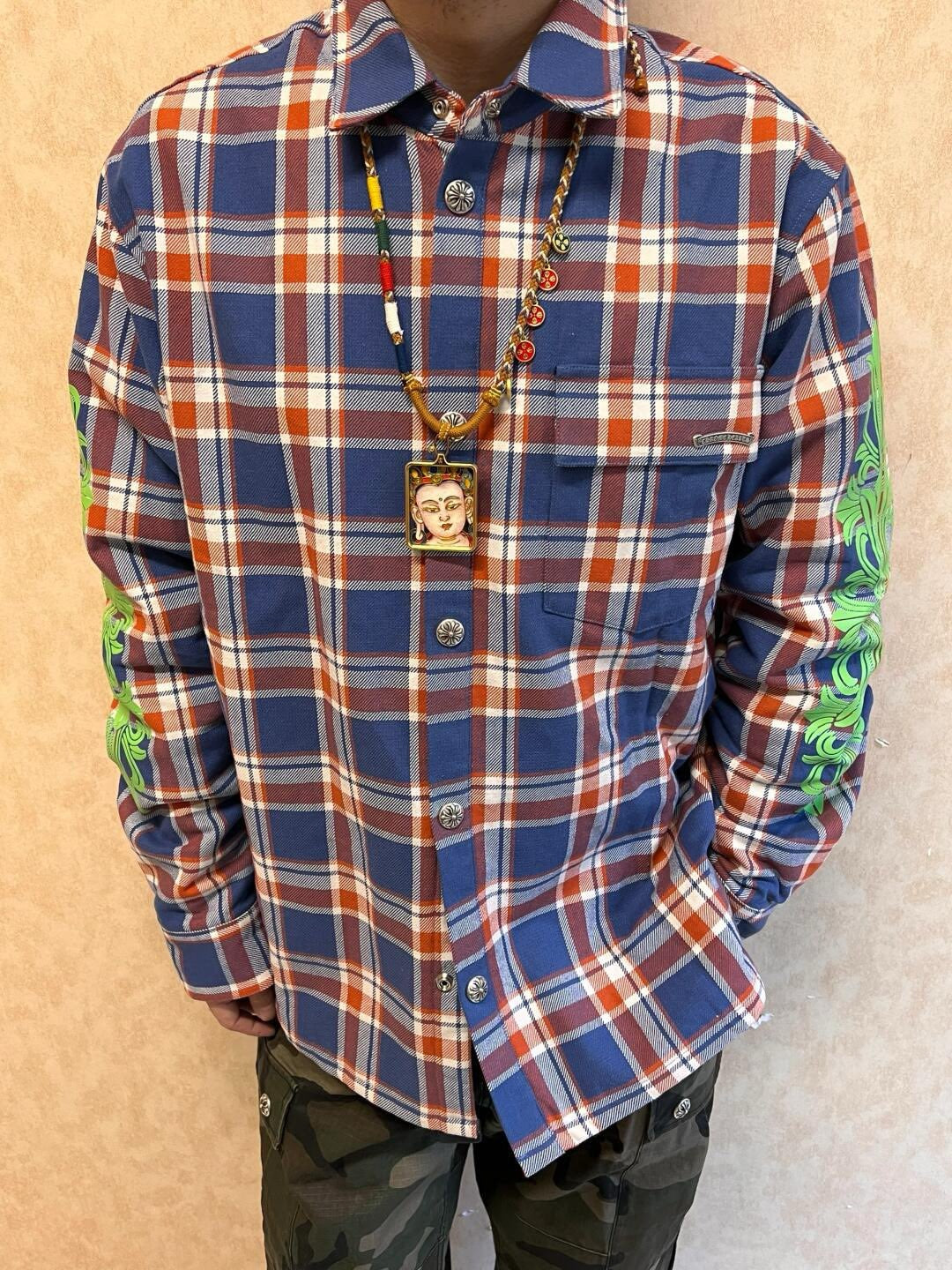 Blue Flannel Printed Sleeve Long-Sleeve - Men's
