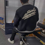 Navy Wool Contrast Trim Varsity - Men's