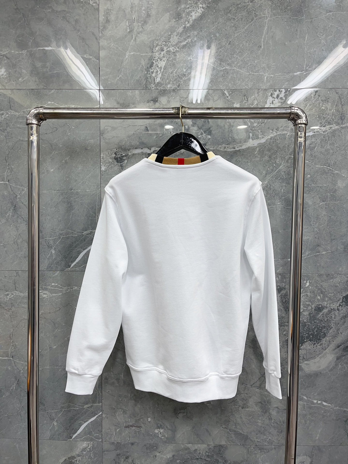 White Cotton Contrast Collar Crewneck - Men's