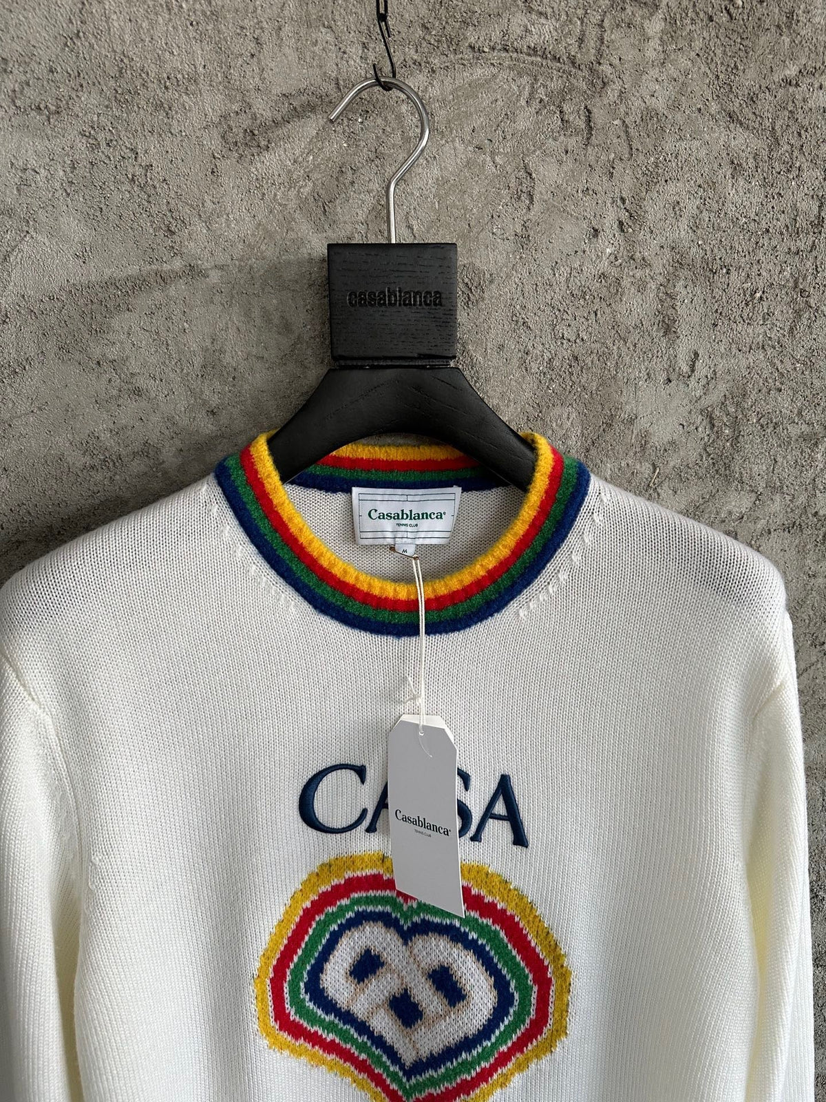 Cream Wool Contrast Trim Crewneck - Men's