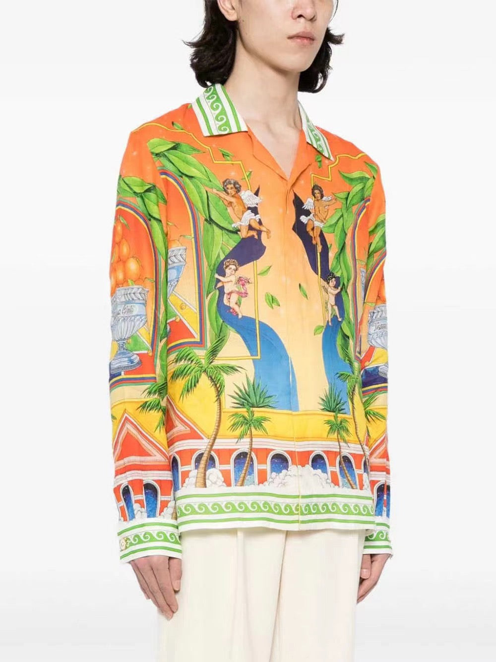Orange Tropical Print Silk Shirt - Men's