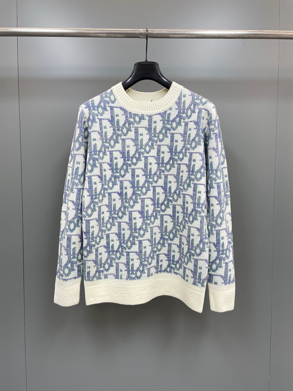 Blue Jacquard Contrast Trim Crewneck - Men's