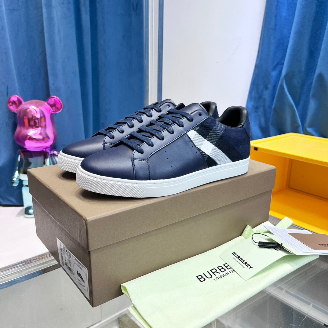 Navy Leather Striped Low-Top - Men's