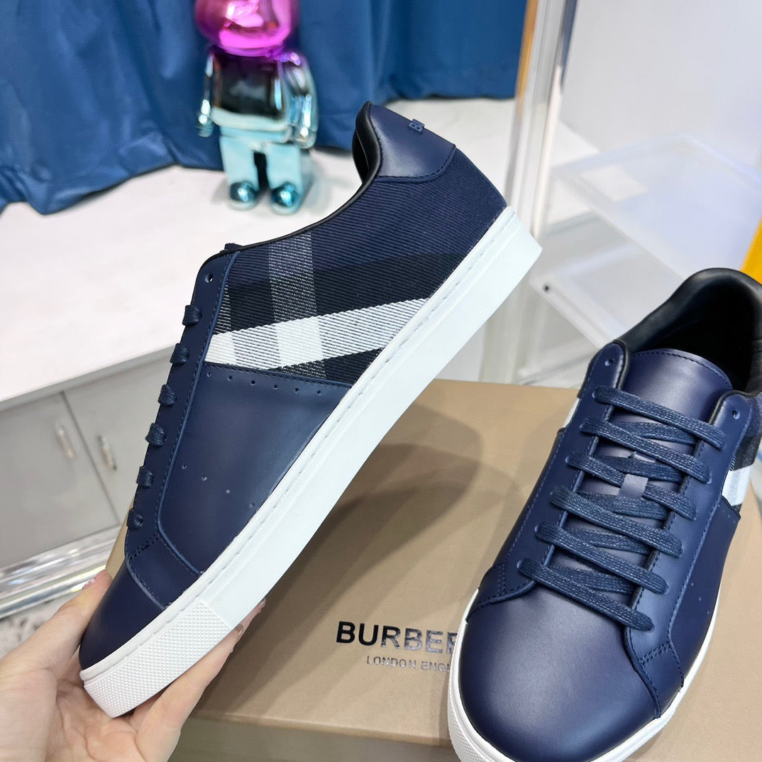 Navy Leather Striped Low-Top - Men's