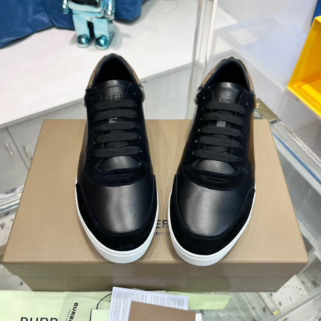 Black Leather Check Heel Low-Top - Men's