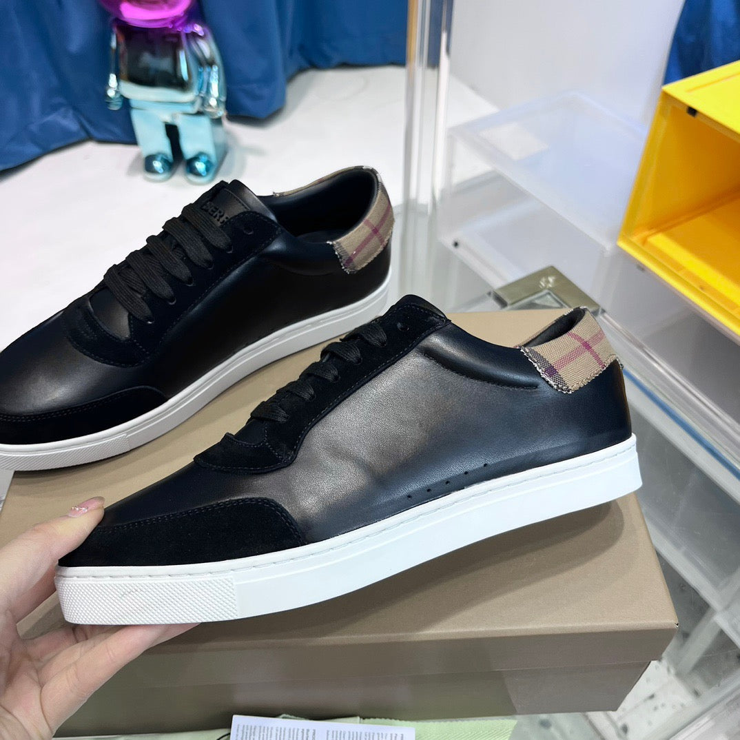 Black Leather Check Heel Low-Top - Men's