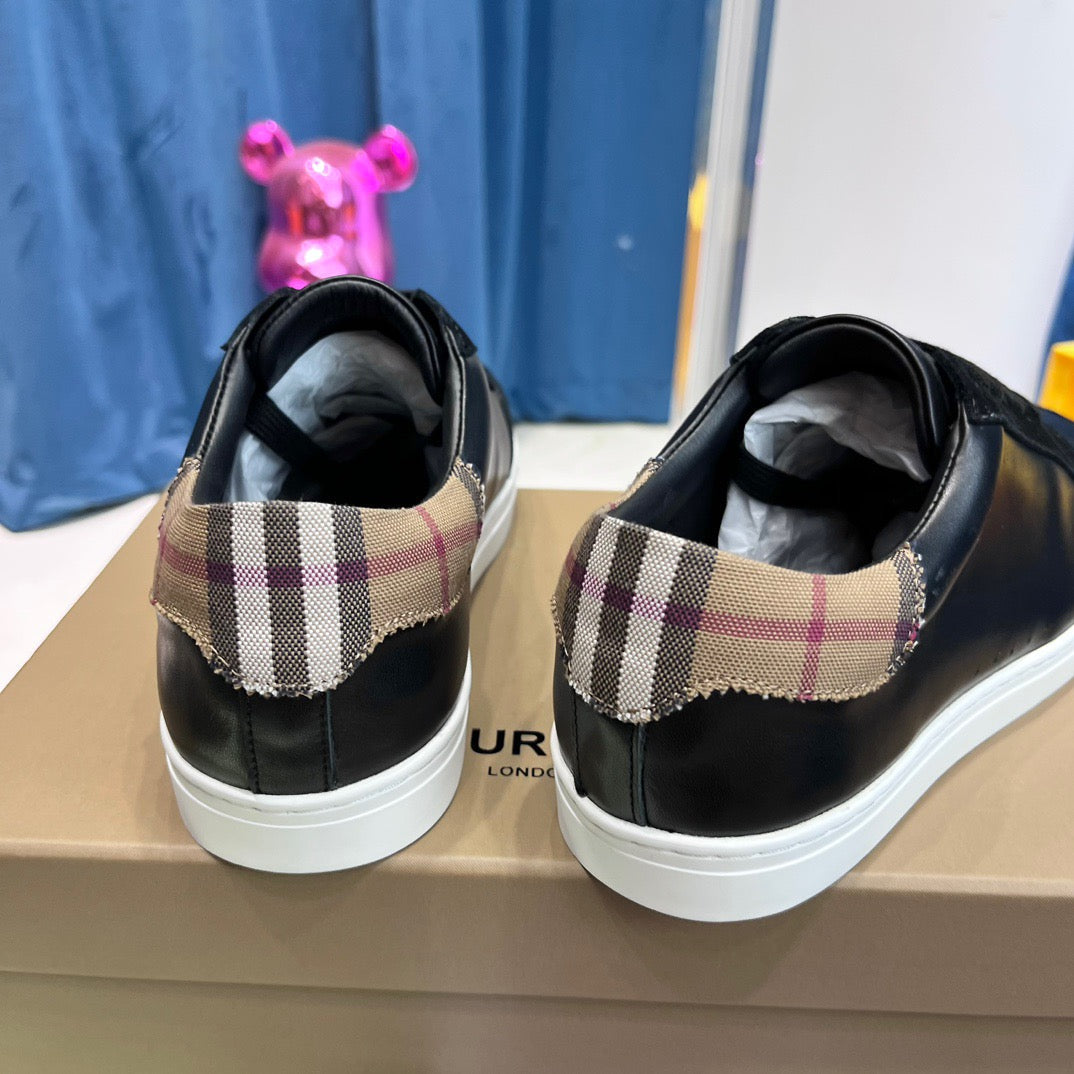 Black Leather Check Heel Low-Top - Men's