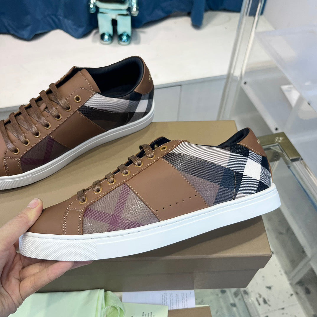 Camel Leather Check Panel Low-Top - Men's
