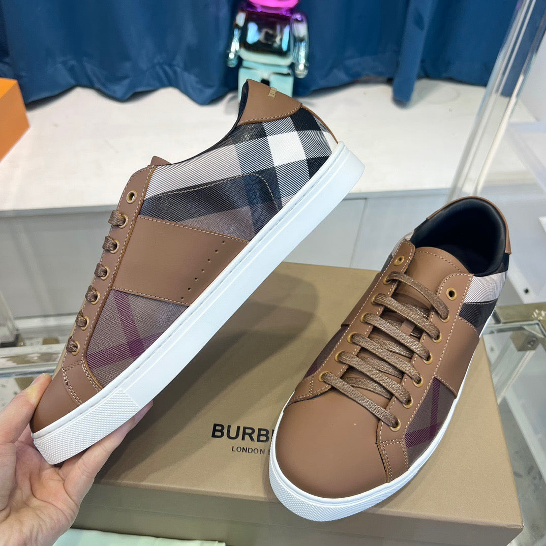 Camel Leather Check Panel Low-Top - Men's