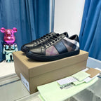 Black Leather Check Panel Low-Top - Men's