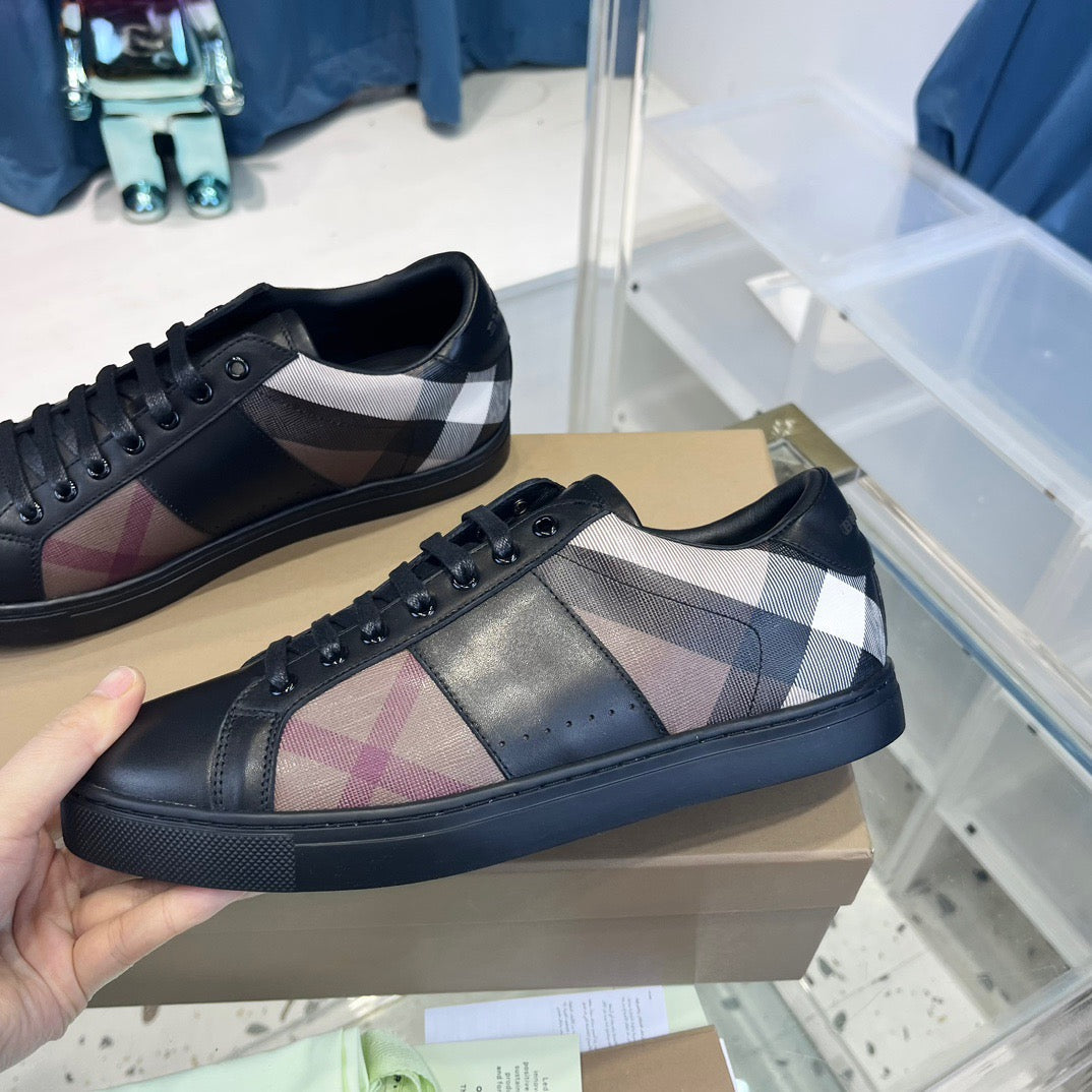 Black Leather Check Panel Low-Top - Men's