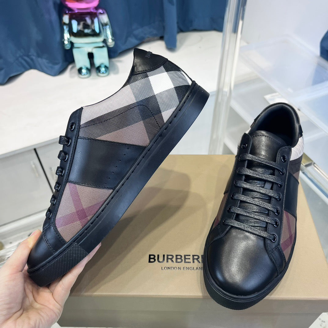 Black Leather Check Panel Low-Top - Men's