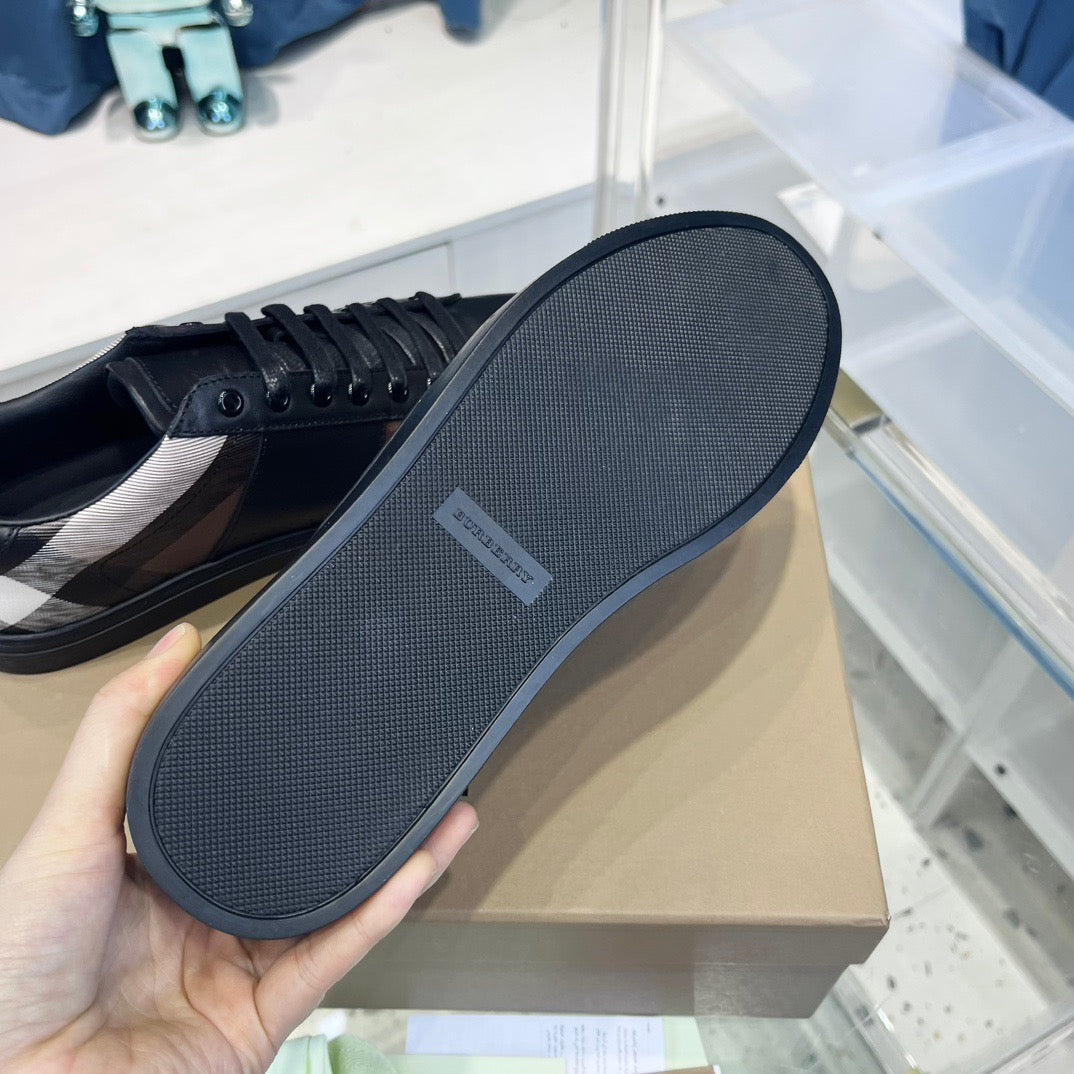 Black Leather Check Panel Low-Top - Men's