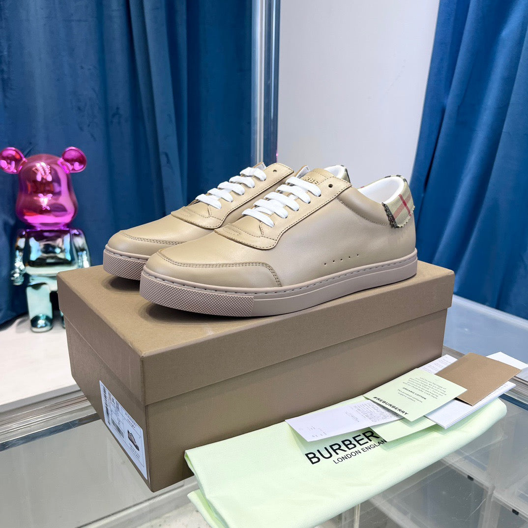 Beige Leather Plain Low-Top - Men's
