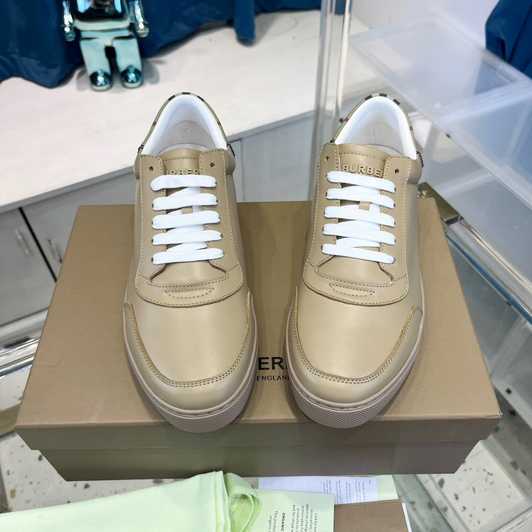 Beige Leather Plain Low-Top - Men's