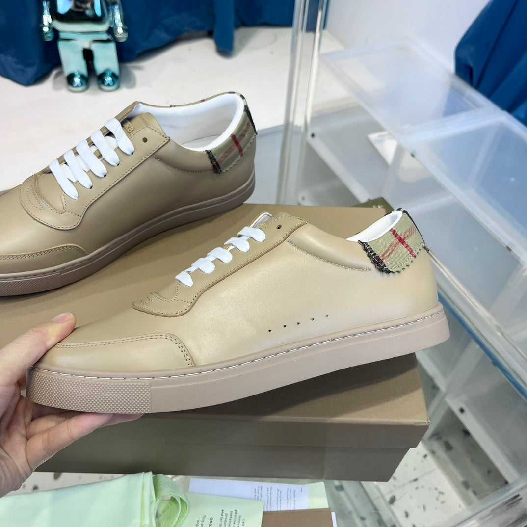 Beige Leather Plain Low-Top - Men's