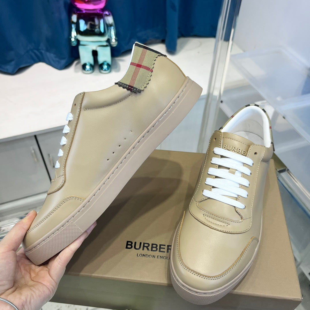 Beige Leather Plain Low-Top - Men's