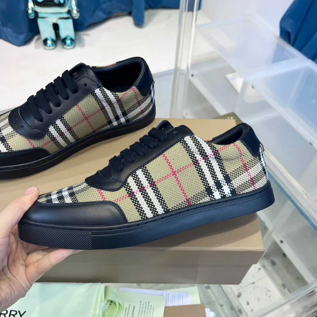 Beige Leather Check Low-Top - Men's