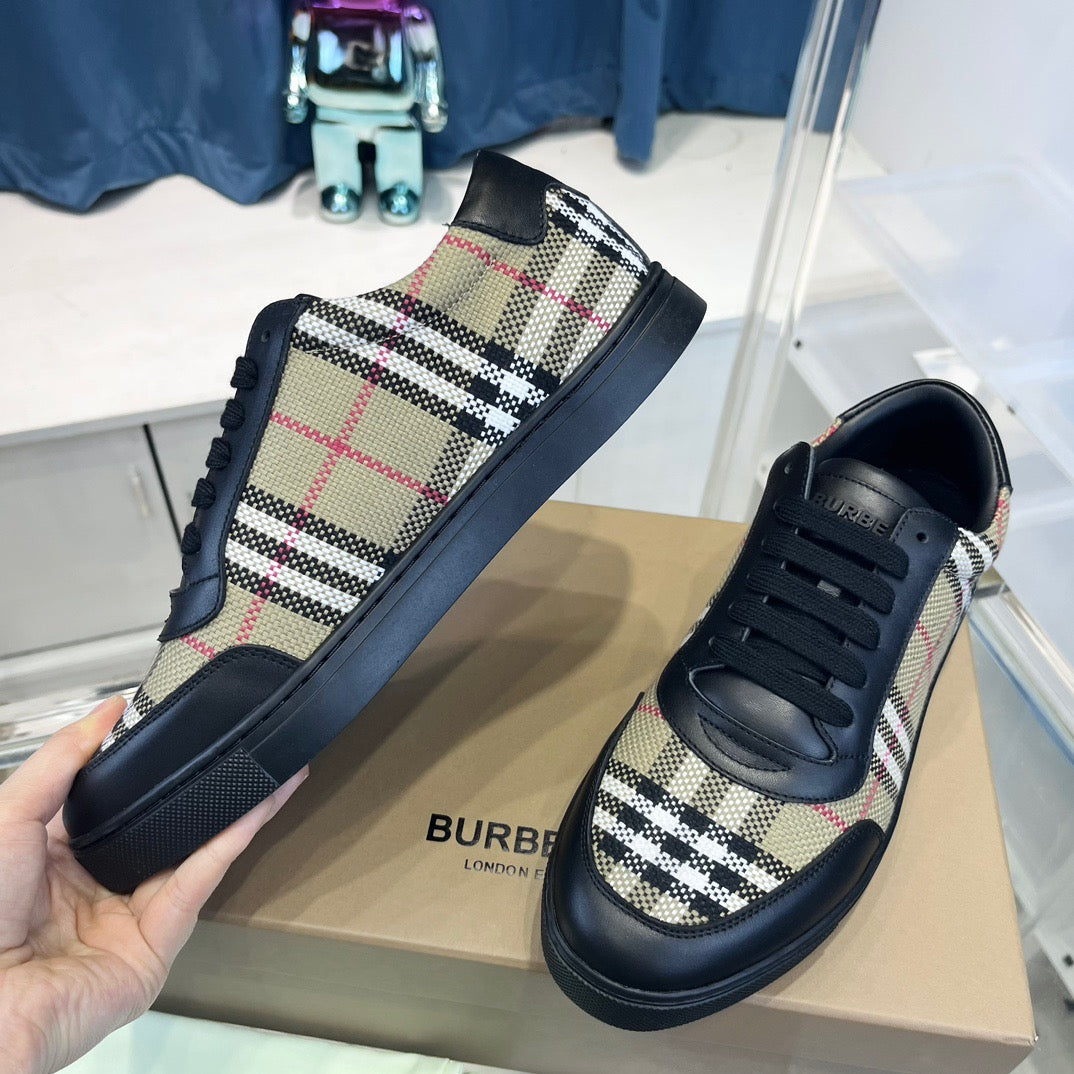 Beige Leather Check Low-Top - Men's