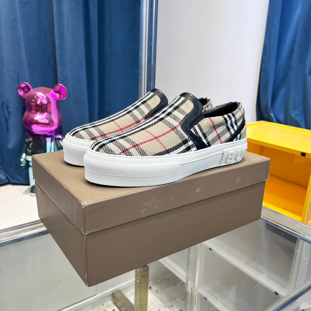 Beige Canvas Check Low-Top - Men's