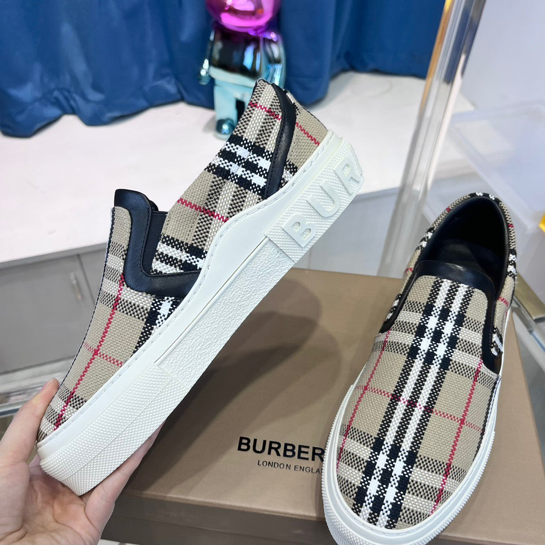 Beige Canvas Check Low-Top - Men's