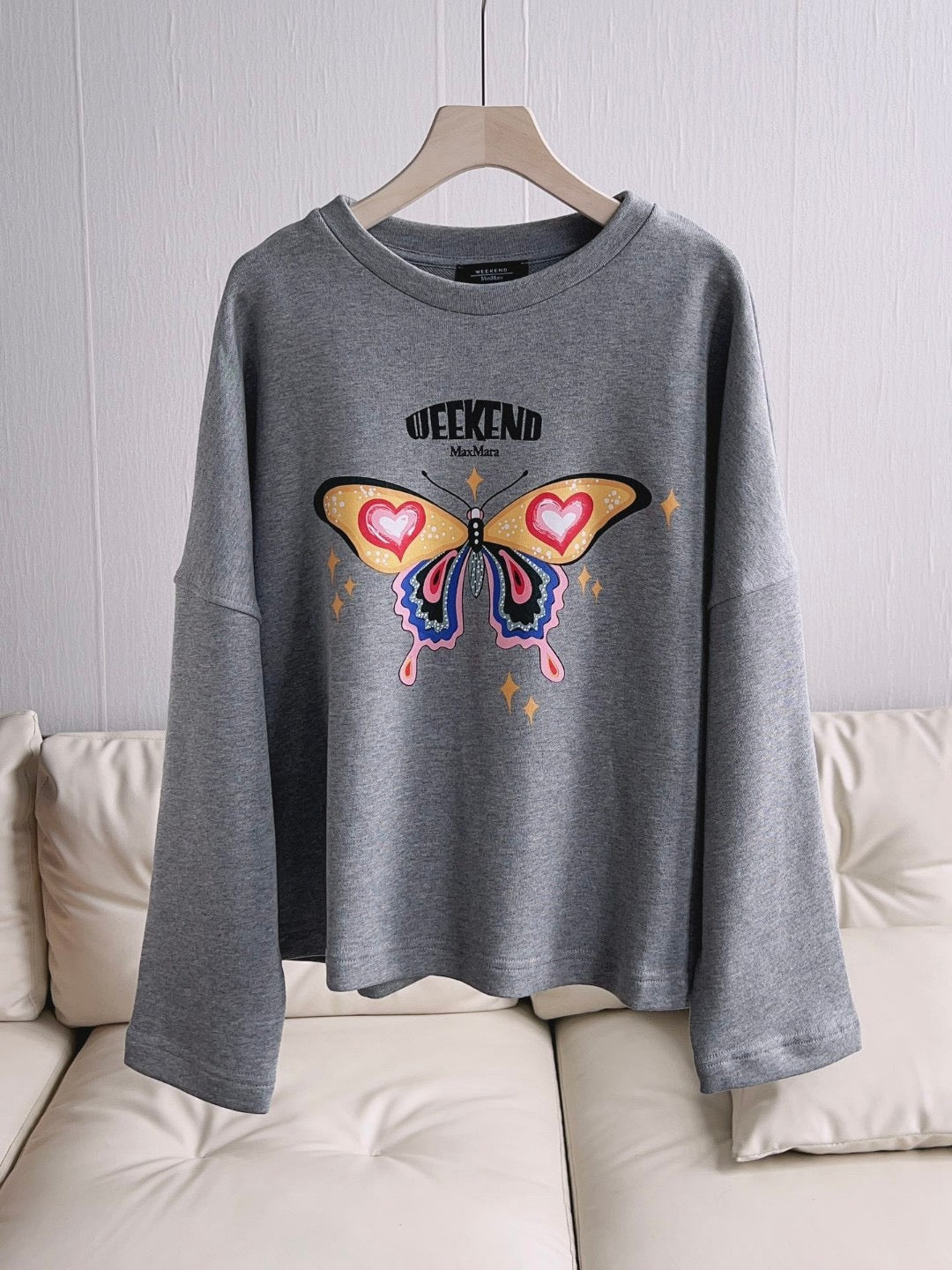 Grey Cotton Butterfly Graphic Crewneck - Women's