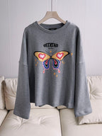Grey Cotton Butterfly Graphic Crewneck - Women's