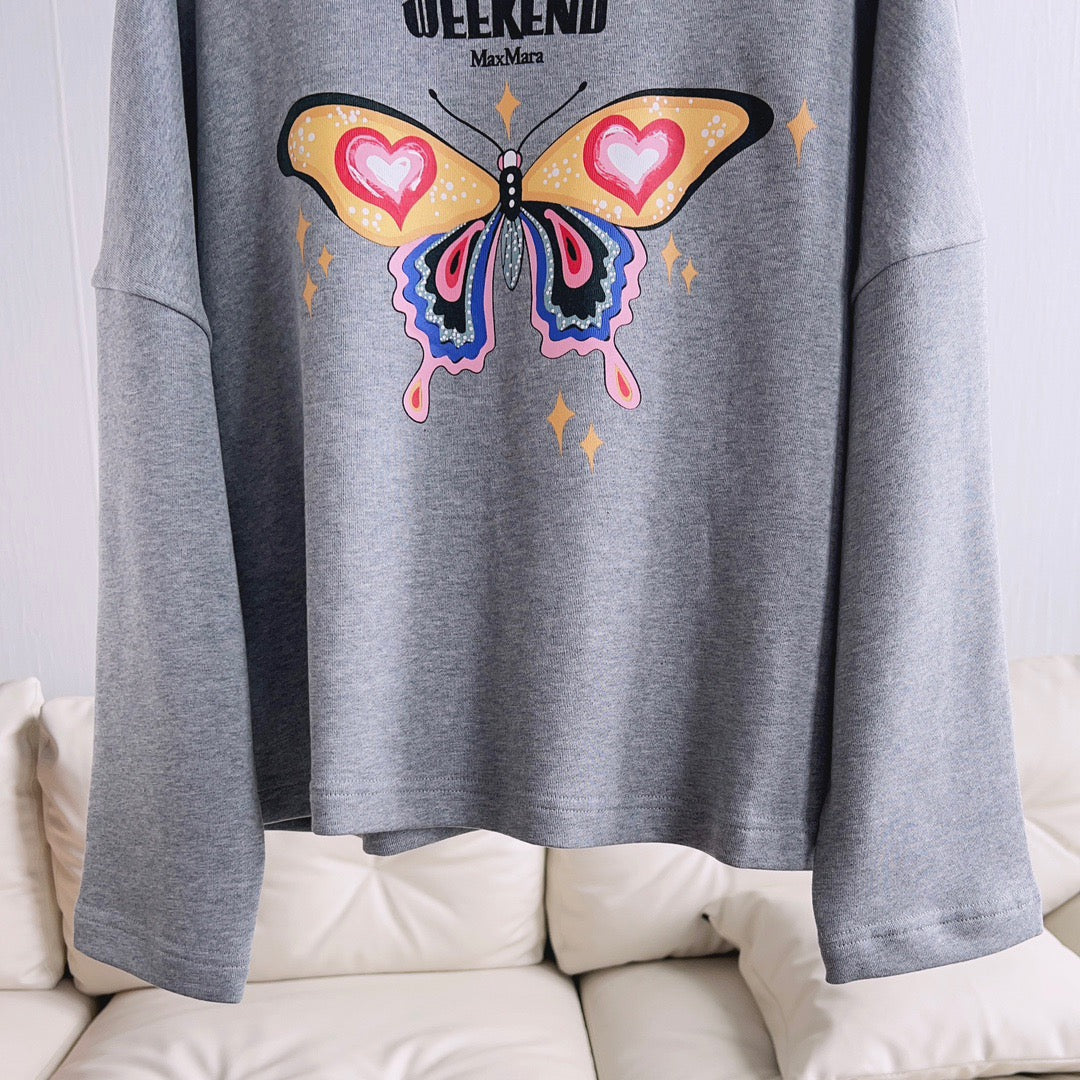 Grey Cotton Butterfly Graphic Crewneck - Women's