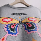 Grey Cotton Butterfly Graphic Crewneck - Women's