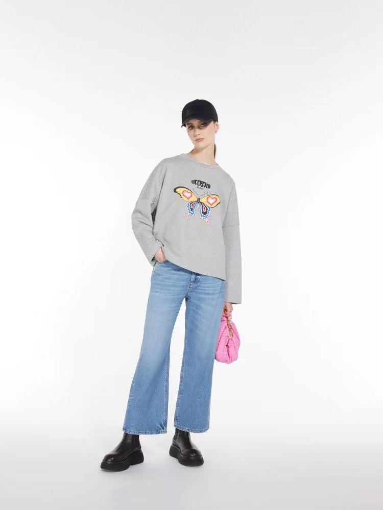 Grey Cotton Butterfly Graphic Crewneck - Women's